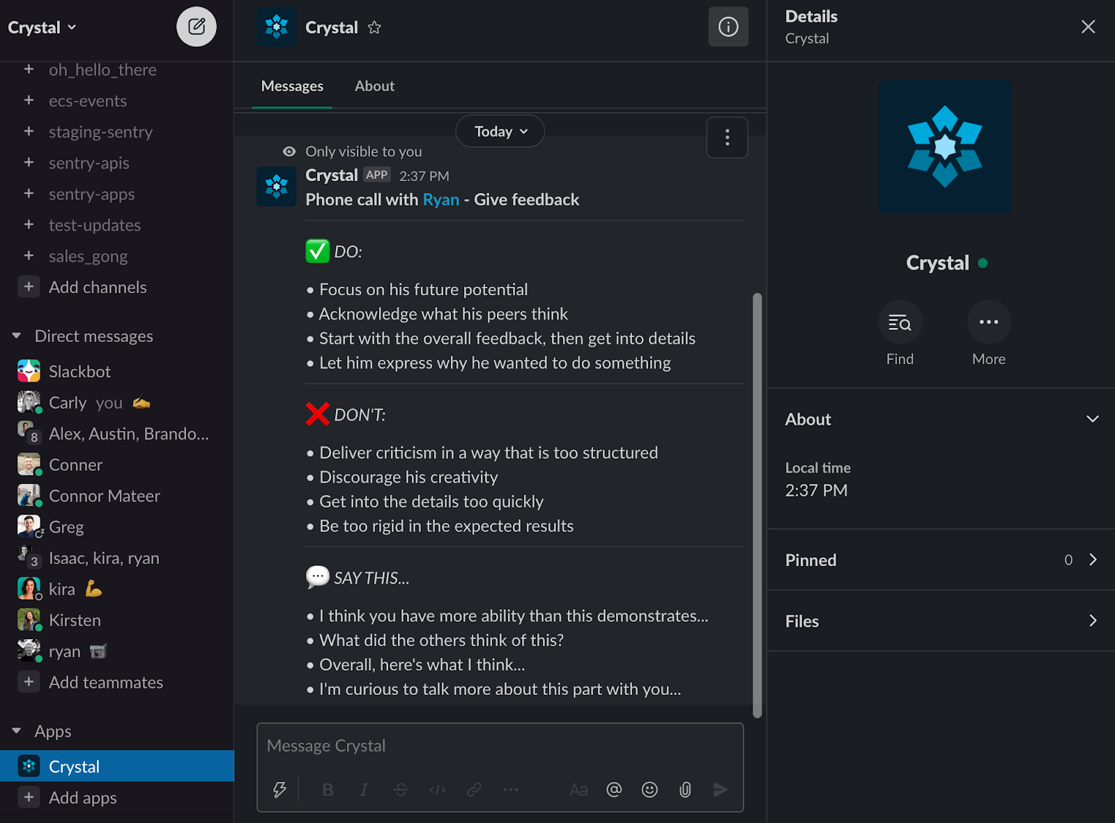 crystal slack integration